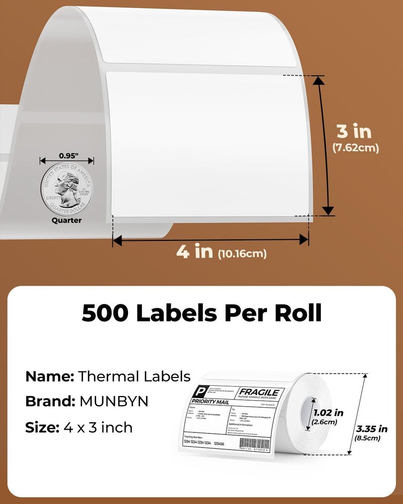 MUNBYN 4” X 3” Direct Thermal Labels, White Thermal Printer Stickers, Strong Adhesive, Labels Paper for Mailing, Barcode, 500 Sheets/1 Roll - Image 2
